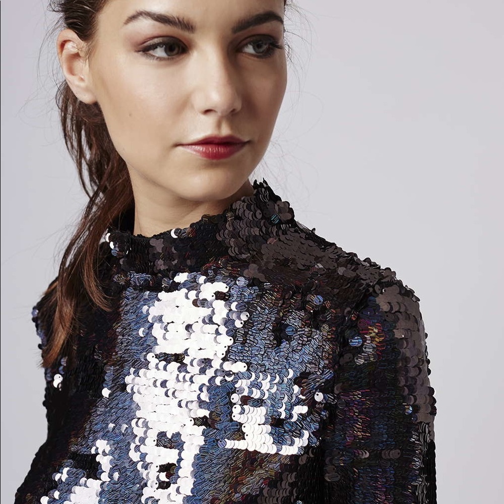 TOPSHOP | Black Sequin Mock Neck Mini Dress | 2 34